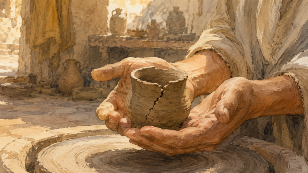 Neoclassical watercolor of open hands entrusting a cracked clay vessel to the potter's wheel, illustrating surrender as trust in the potter and the clay of Romans 9.