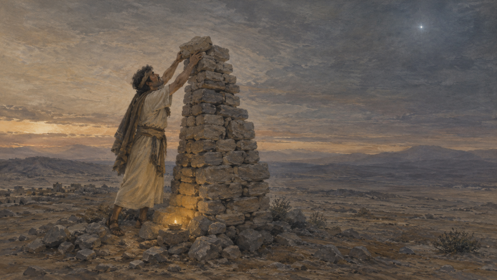 A man building a stone tower toward a distant light while warm light waits beside him, illustrating establishing our own righteousness in Romans 10.