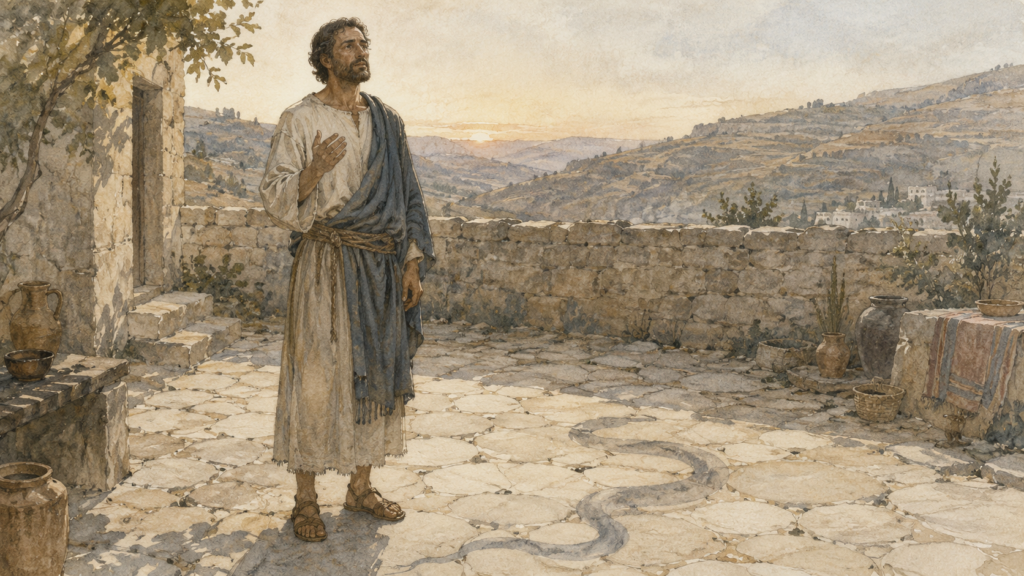 Watercolor in 1st-century Judean setting showing evil lies close at hand as a serpent shadow beside a man at dawn