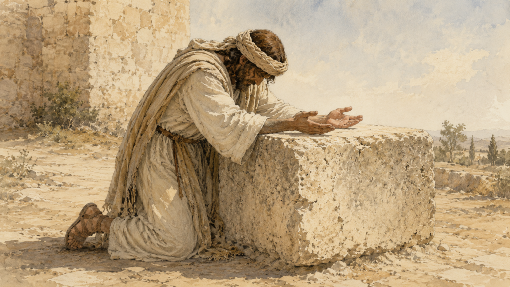 Neoclassical watercolor of a figure resting empty hands on a cornerstone, illustrating how the stumbling stone becomes the cornerstone for those who come empty-handed in Romans 9.