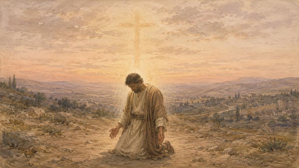 Watercolor of a kneeling figure beneath a luminous cross at dawn, illustrating what the law could not do, God did in Romans 8:3