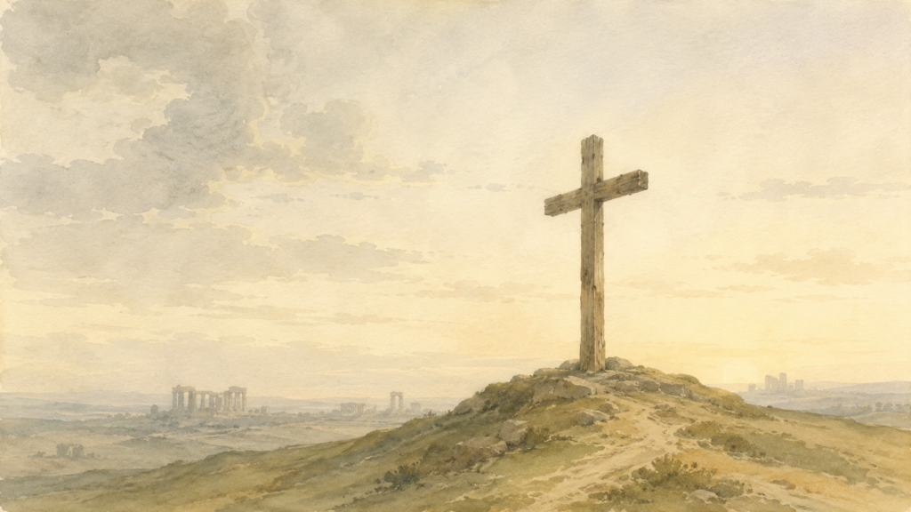 A solitary cross on a hill at sunrise, illustrating how God shows his love in Romans 5:8 as evidence fixed outside ourselves
