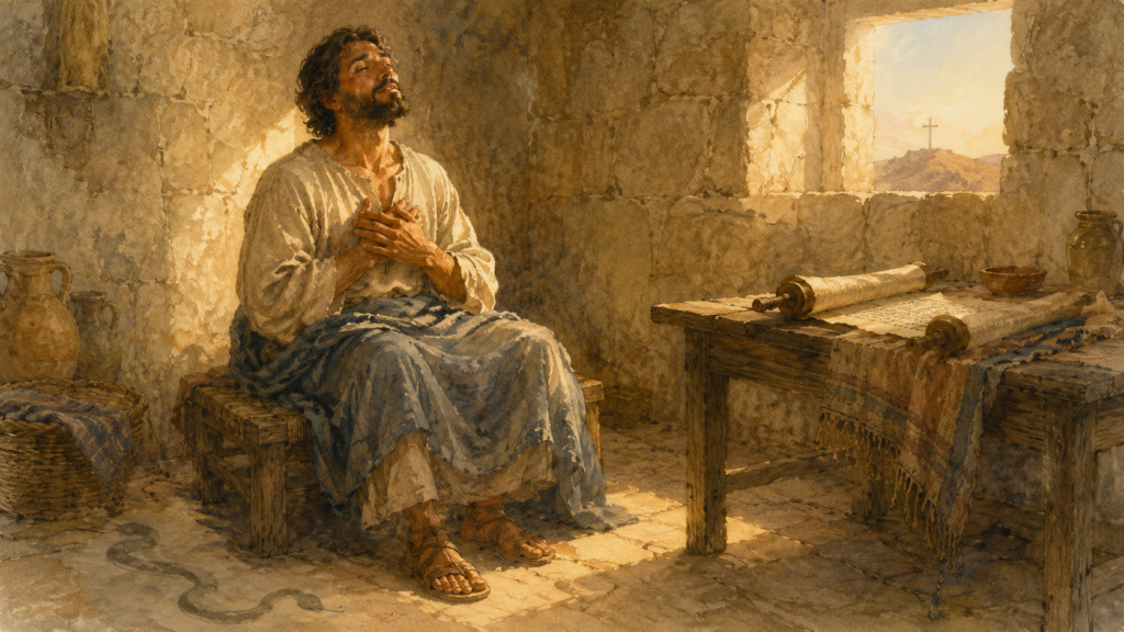Watercolor of a 1st-century Judean man seated in golden afternoon light giving quiet thanks while a serpent shadow remains at his feet, illustrating Romans 7:25