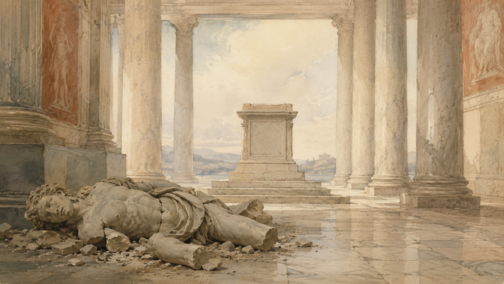 Idols of the heart in modern life — neoclassical watercolor of a fallen ancient idol and an empty pedestal in a classical temple