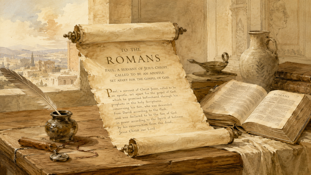 Idols of the heart — neoclassical watercolor of Paul's letter to the Romans unrolled on a wooden table with soft daylight