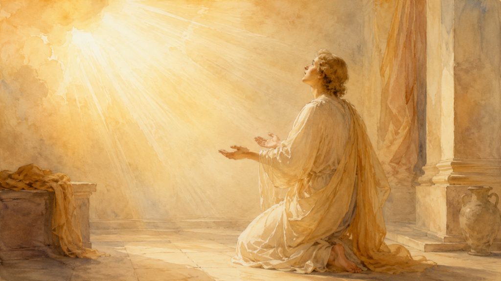 Idols of the heart replaced by faith — neoclassical watercolor of a kneeling figure receiving light from above as faith flowing from its source
