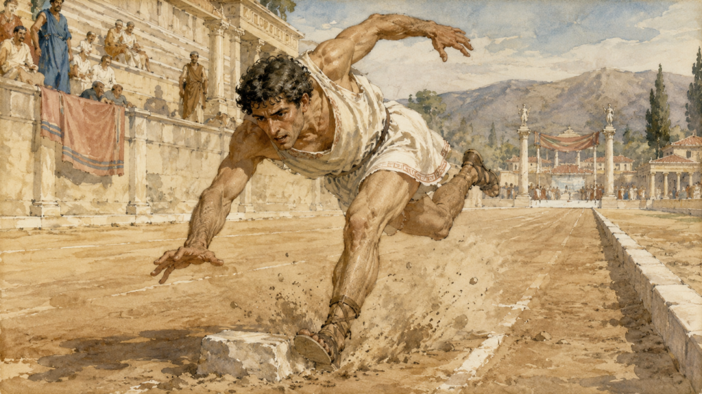 Neoclassical watercolor of a zealous runner stumbling over a stone mid-race, illustrating why pursuing righteousness by works stumbles over the stumbling stone in Romans 9:32.