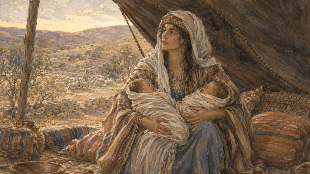 Neoclassical watercolor of Rebekah holding the twins Jacob and Esau before they have done anything, illustrating God's call before works in Romans 9:11-12.