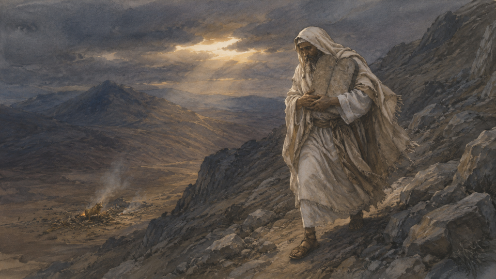 Neoclassical watercolor of Moses descending Sinai with the tablets after the golden calf incident, illustrating the God who has mercy of Romans 9:15.