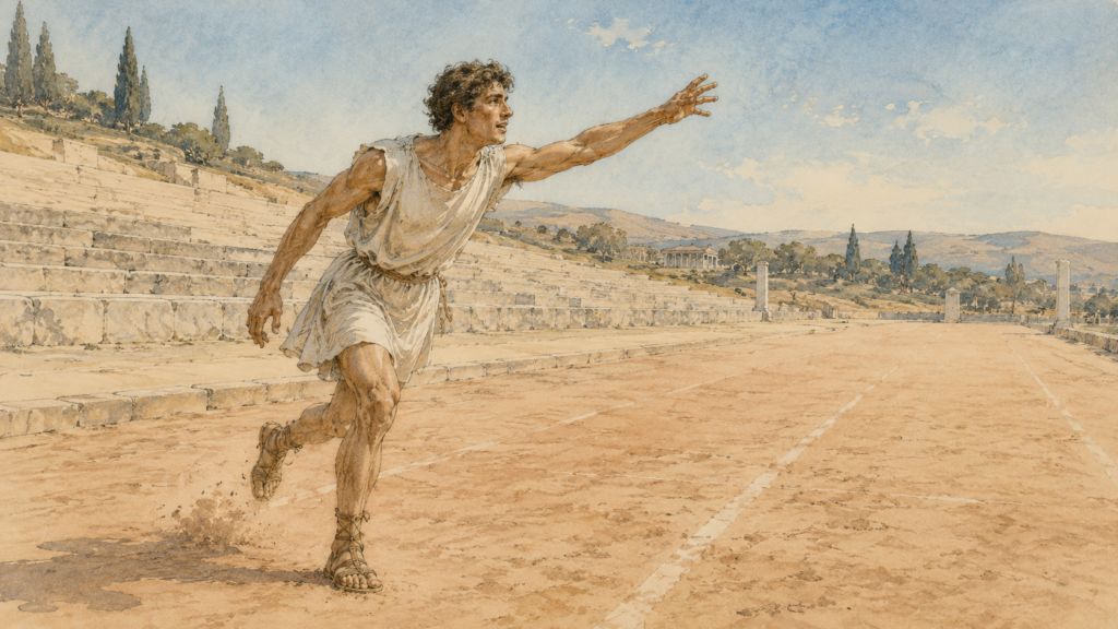 Neoclassical watercolor of a 1st-century runner slowing mid-stride on an ancient track, illustrating that mercy depends not on human will or running but on the God who has mercy.