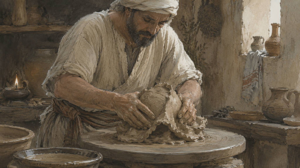 Neoclassical watercolor of a potter regathering spoiled clay to reshape it, illustrating the potter and the clay as an image of restoration in Romans 9.