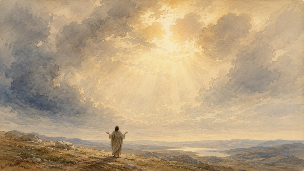 Romans 2:7 meaning illustrated as a small figure on a hillside reaching toward distant heavenly light, seeking glory and honor and immortality