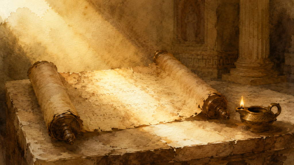 Romans 2 devotional illustration of an ancient scroll lit at its center, depicting the heart of the law against external markers