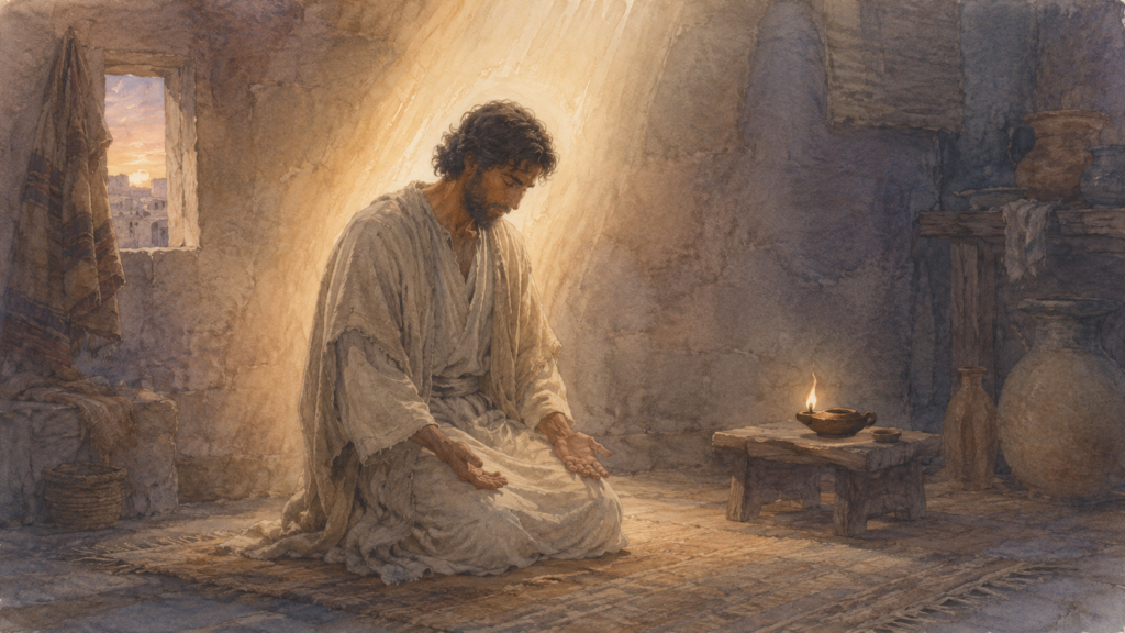 Neoclassical watercolor of a man kneeling silently in lamplight as light descends from above, illustrating the Spirit intercedes for us with groanings too deep for words in Romans 8:26