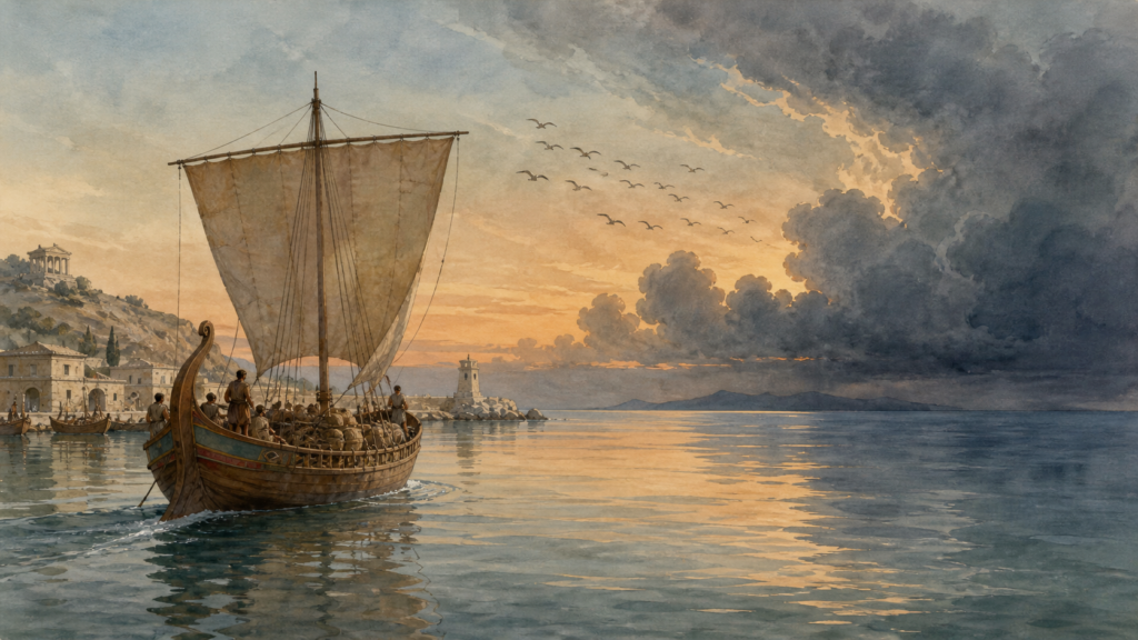 Discernment in Acts 27 — neoclassical watercolor of a Roman ship leaving Fair Havens at dusk while distant storm clouds gather on the horizon.