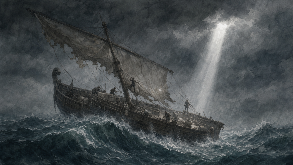 The storm in Acts 27 — neoclassical watercolor of a 1st-century Roman ship caught in a fourteen-day tempest with no sun or stars visible.