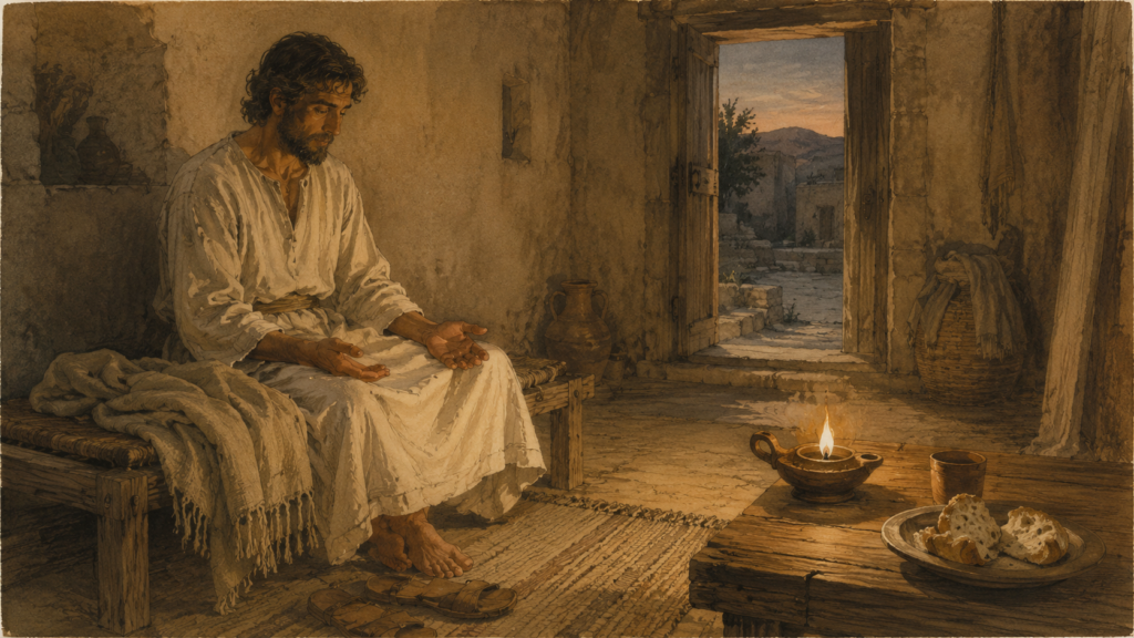 Neoclassical watercolor of a weary traveler at rest in lamplight with hands open on his lap, illustrating the rest that comes from the God who has mercy in Romans 9:16.