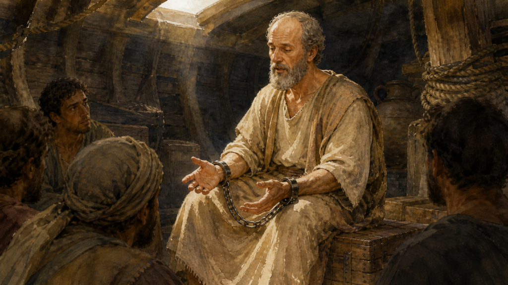 Discernment in Acts 27 — neoclassical watercolor of the chained Apostle Paul speaking quietly in the hold of the ship, illuminated by a single shaft of light.
