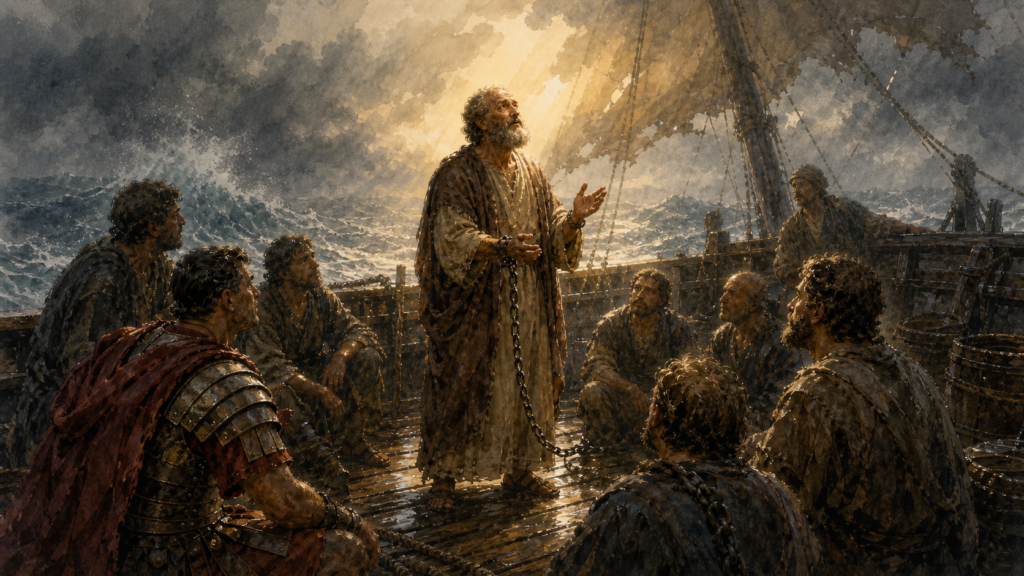 The storm in Acts 27 — neoclassical watercolor of the chained apostle Paul speaking peace to the centurion, sailors, and prisoners as the storm continues around the ship.