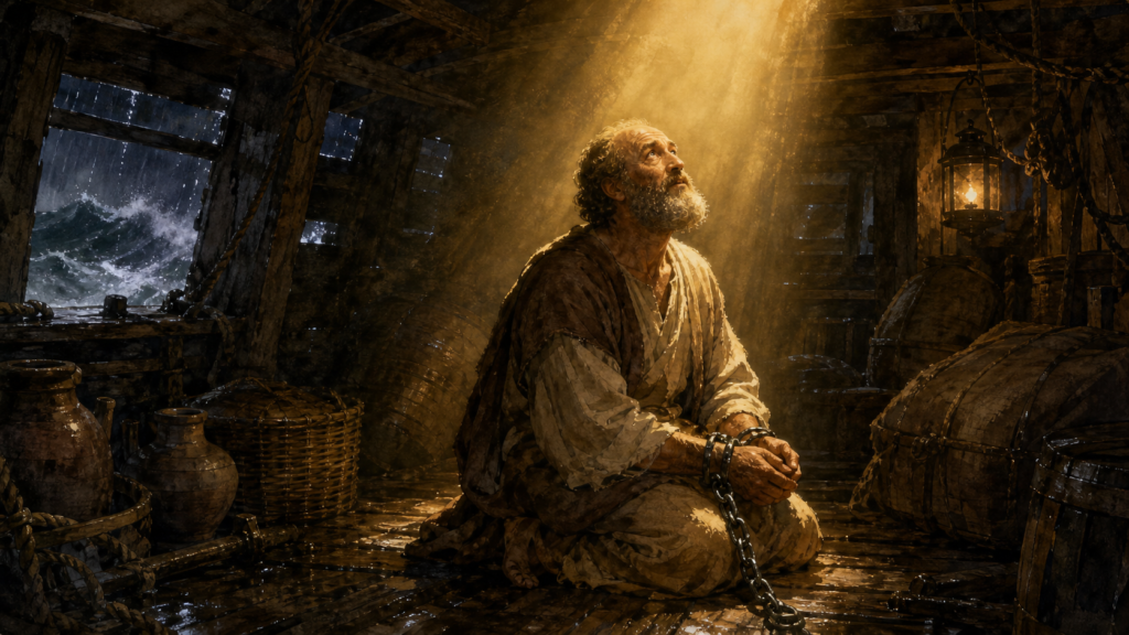 The storm in Acts 27 — neoclassical watercolor of the chained apostle Paul receiving the angel's promise in the hold of the ship while the tempest still rages outside.