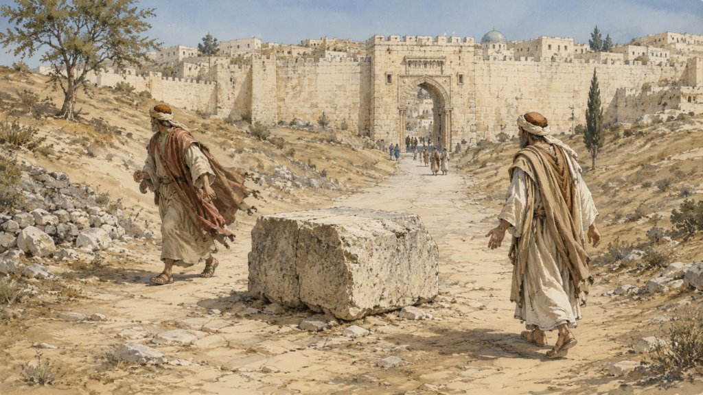 Neoclassical watercolor of a cornerstone set in a road before two travelers, illustrating the stumbling stone laid in Zion in Romans 9:33.