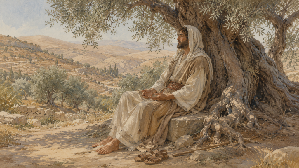 Watercolor of a traveler resting at the roots of an olive tree, illustrating walking according to the Spirit and abiding in Romans 8