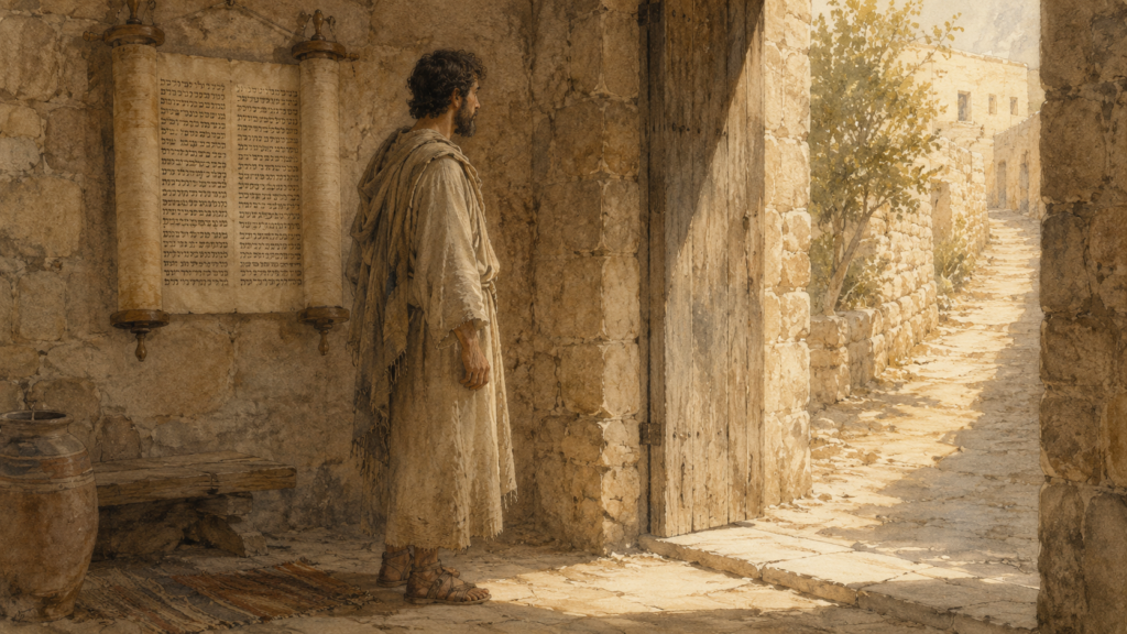 Neoclassical watercolor of a 1st-century man at a threshold with the Torah scroll behind him, illustrating what the law could not do in Romans 8:3