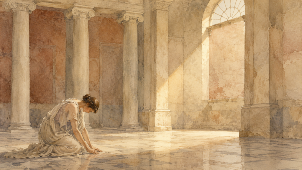 A kneeling classical figure receiving light in a marble atrium, illustrating Romans 5:8 — while we were still sinners, Christ died for us