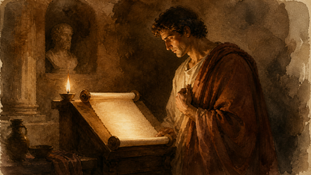 A reader before an open scroll asking why does the heart grow dull when reading Scripture