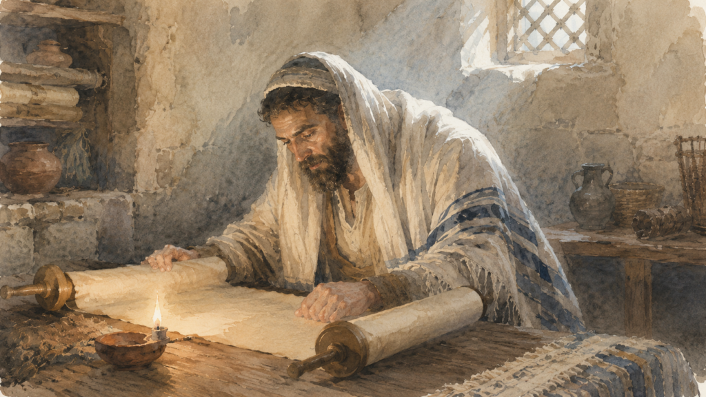A devout 1st-century Jewish man bent over the Torah by lamplight, illustrating zeal not according to knowledge in a Romans 10 devotional.