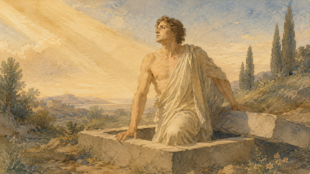 Dead to sin and alive to God — solitary figure rising from tomb into golden light in neoclassical watercolor for Romans 6
