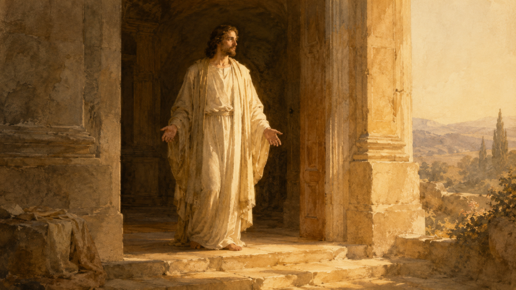 A robed figure with empty open hands at the threshold of an open stone doorway, warm golden light spilling across worn steps from beyond — the Romans 3 but now held in the moment just before the step forward.