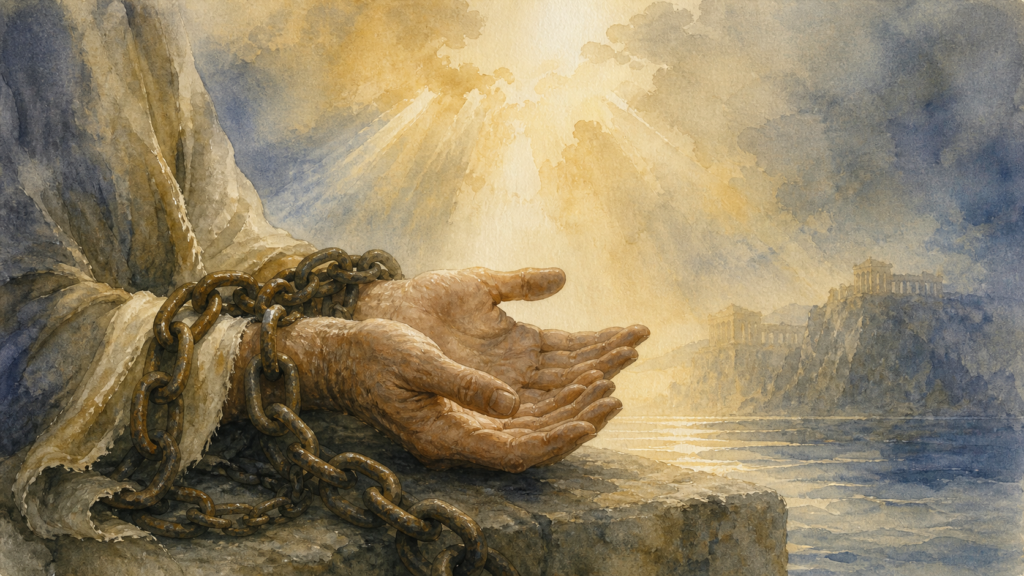 Acts 26 devotional image of Paul's chained hands with light overflowing the chains