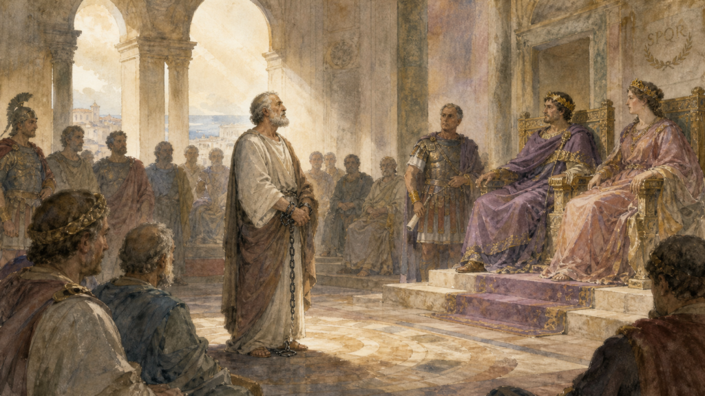 Acts 26 devotional illustration of Paul before Agrippa standing in chains during his Caesarea hearing