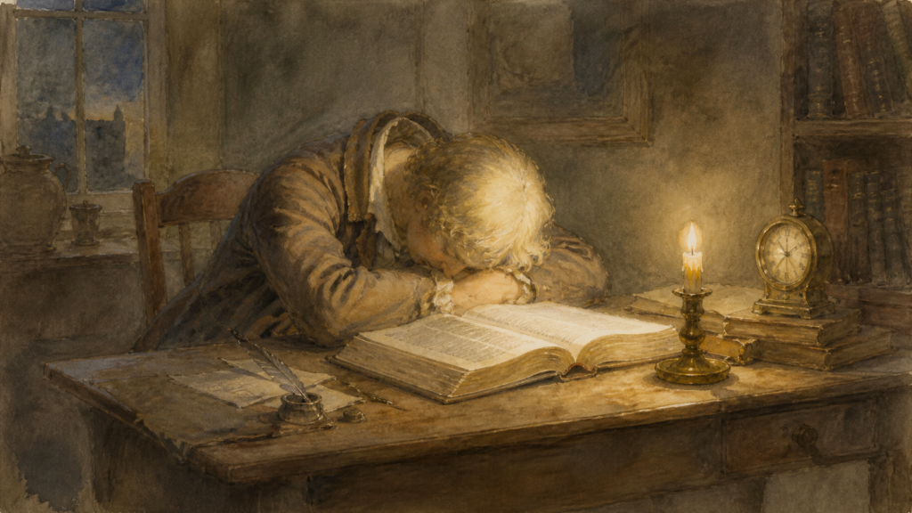 A figure asleep at a desk with an open Bible — illustrating the quiet drift of procrastination in faith