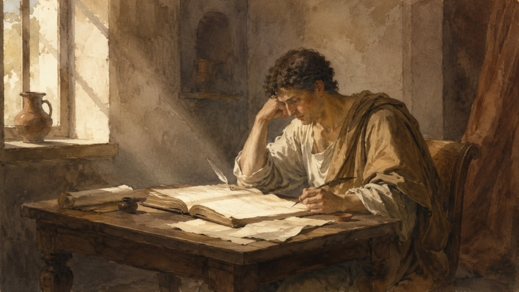 Consider yourselves dead to sin and alive to God — figure at desk reckoning the ledger in neoclassical watercolor for Romans 6:11