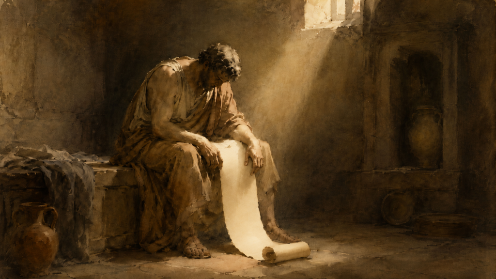 A weary man bowed over an unrolled parchment scroll spilled from his lap onto the dust at his feet, lit only by a single narrow shaft of high window light — the law as a mirror of sin in Romans 3:20, the weight that sets up the Romans 3 but now.