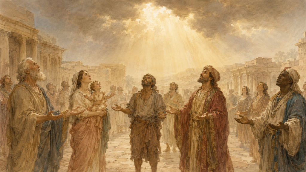 An elder, a young mother holding a child, a weathered laborer, a richly robed merchant, and a foreigner in distinct dress stand together on level ground with hands raised as one broad shaft of golden light falls equally on every face — the "no distinction" of Romans 3:22, where the Romans 3 but now lands.