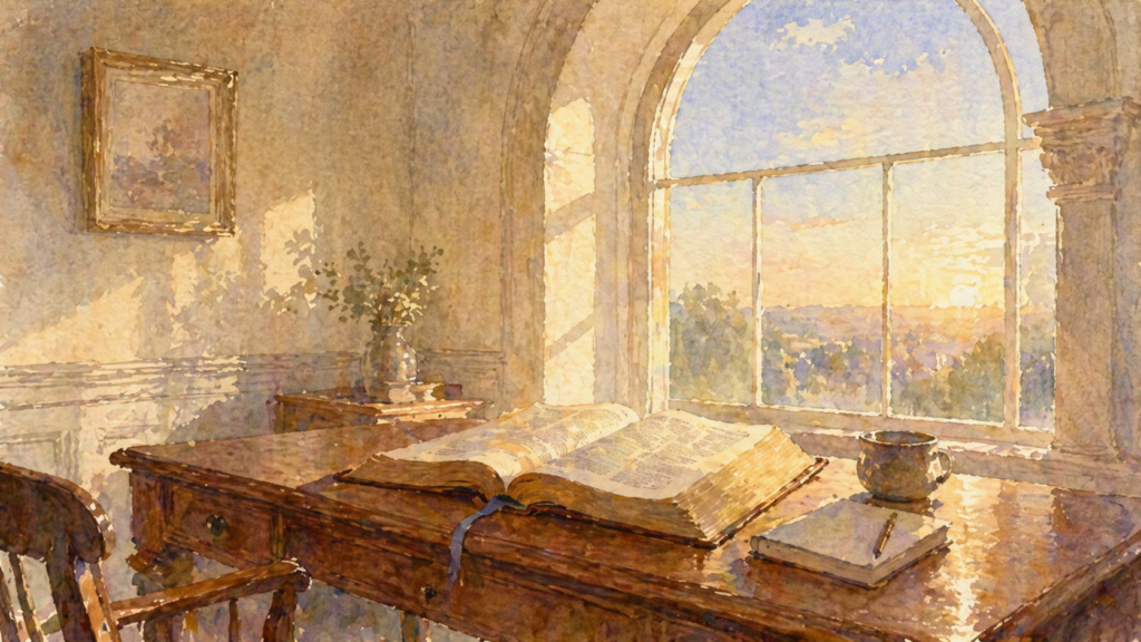 A Bible open on a desk at sunrise — the kairos that answers procrastination in faith
