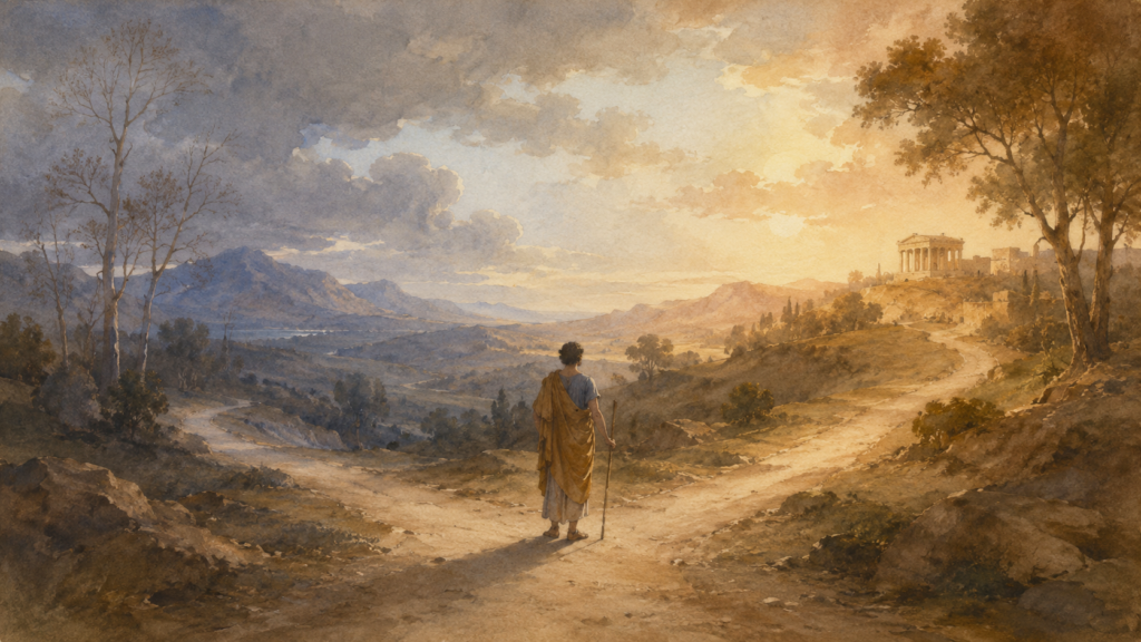 Dead to sin and alive to God — traveler at a forked path in neoclassical watercolor for Romans 6:23 wages and gift
